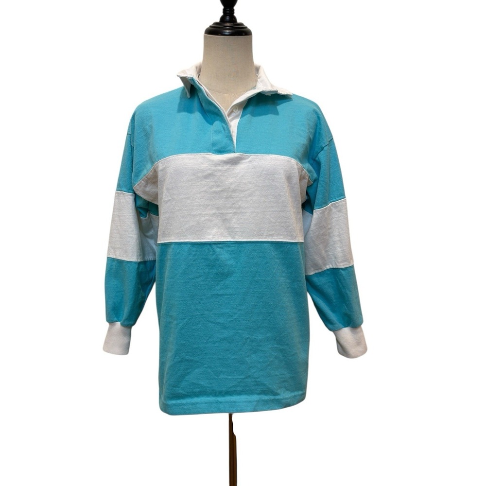 Vtg Variations Rugby Shirt Teal White Striped  Preppy Polo 80s 90s Sports Retro‎